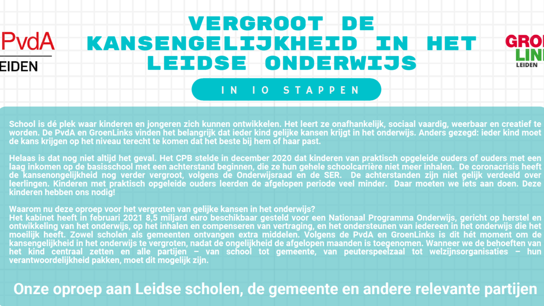 Pamflet kansengelijkheid onderwijs GroenLinks en PvdA Leiden BEELD